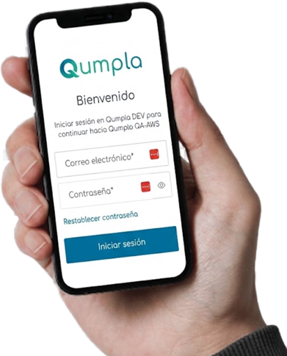 Mano sosteniendo un celular con el inicio de sesión de Qumpla