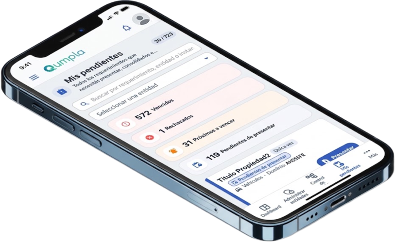Qumpla en el celular: pantalla Mis pendientes con vencidos, rechazados, próximos a vencer y pendientes de presentar